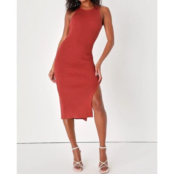 Lulus Dresses & Skirts - Lulus Here for the Vibes Rust Red Ribbed Sleeveless Midi Dress Sweater Knit